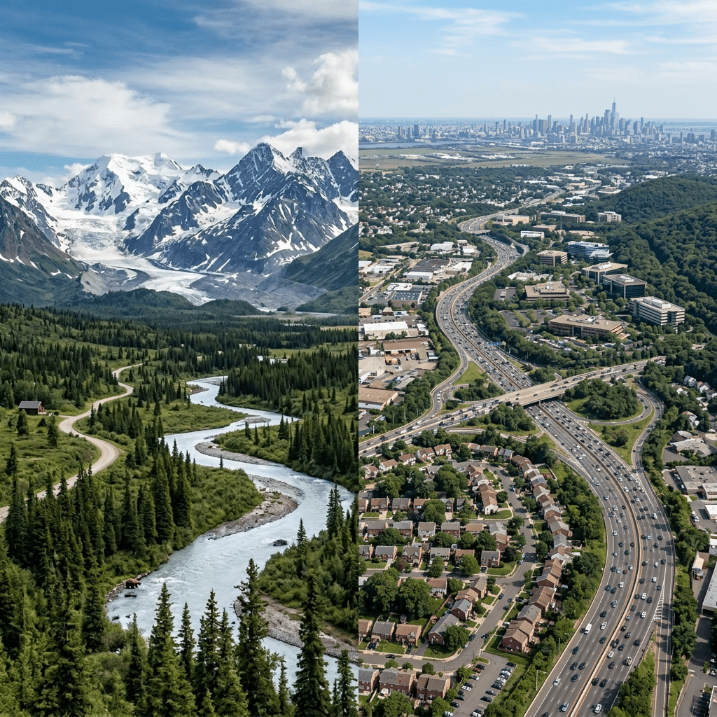 Left side shows a winding river through dense forest with snow-capped mountains; right side shows a crowded beach next to tall city buildings and a pier.